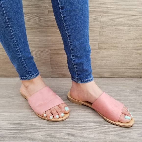 Suede Slip on Slider Pink Flat Sandals - Picture 13 of 15